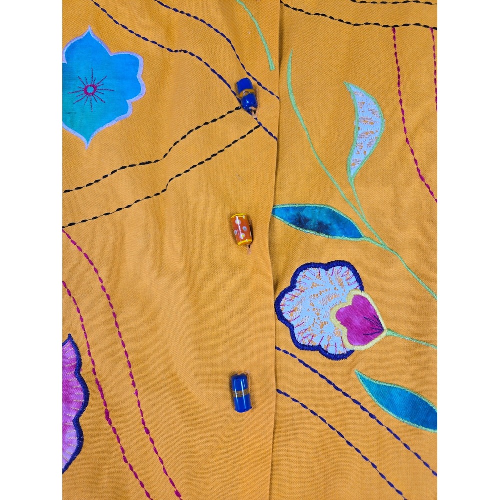 Julia Ku Womens Mustard Yellow Floral Embroidered Art to Wear Jacket Mandarin L - Picture 8 of 9
